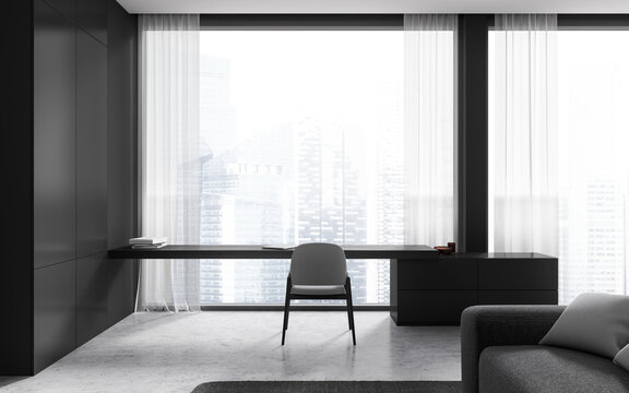 Panoramic gray home office interior