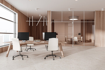 Light wooden open space office interior with meeting room