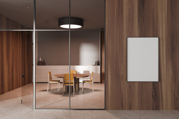 Dark wooden office meeting room with poster