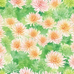  Watercolor seamless pattern with chrysanthemum flowers, leaves and branches on white background © jmgdigital