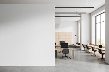 Light business room interior with coworking area, panoramic window. Mockup wall