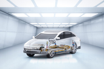 Ev car or electric vehicle with pack of battery cells on platform