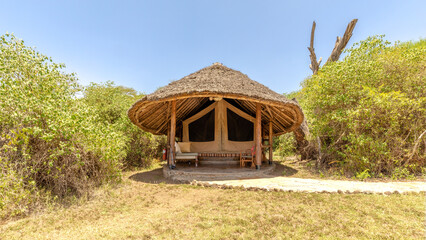 Exterior of a luxury lodge, Amboseli National Park, Kenya.