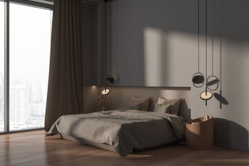Minimalistic gray master bedroom corner