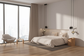 Cozy bedroom interior with bed and armchair near panoramic window. Mockup wall