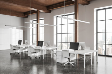 White and wooden ceiling open space office corner