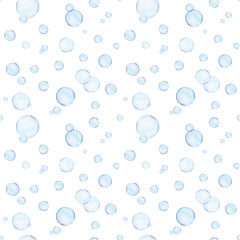 Watercolor drawn rapport of different size air bubbles on white background. Transparent realistic picture for illustration, stickers, logo, textile printing
