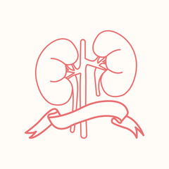 world kidney day element design, line art kidney with ribbon