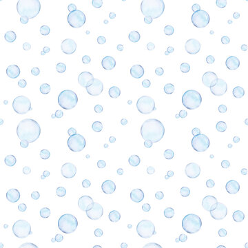 Watercolor drawn rapport of different size air bubbles on white background. Transparent realistic picture for illustration, stickers, logo, textile printing