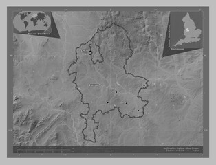 Staffordshire, England - Great Britain. Grayscale. Labelled points of cities