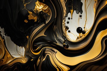 Background with marbling of monochromatic alcohol ink. streaks and waves of liquid. abstract fluid art in black and gold. Black marble with golden veins, monochromatic contemporary backdrop painted in