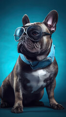 French Bulldog with sunglasses posing on blue background