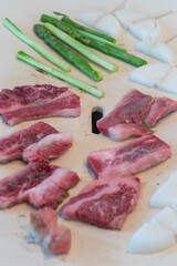 Yakiniku, Japanese beef and vegetables grilled on a white hot plate