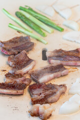 Yakiniku, Japanese beef and vegetables grilled on a white hot plate