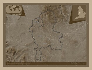 Staffordshire, England - Great Britain. Sepia. Labelled points of cities