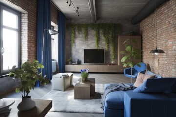 The TV room's brick walls are highlighted with plants and slatted furniture storage. Generative AI