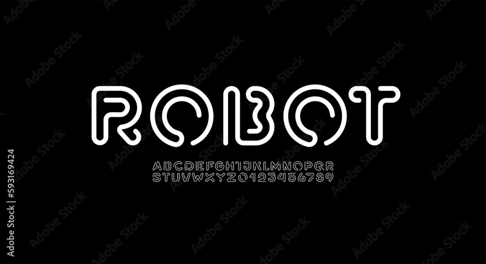 Poster digital style alphabet, font from white wire, letters and numbers made in linear style, vector illus