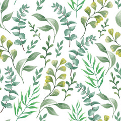 Seamless pattern of plant elements. Watercolor botanical illustration.