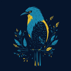 This vector illustration showcases a stunning blue and yellow bird in an engraving style, perfect for use in design, decoration, print, and tattoo projects.