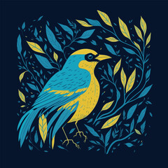 Blue-yellow color bird vector illustration. Engraving template image for design, decoration, print and tattoo