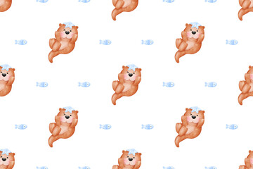 Cute otter pattern background, flower and fish, watercolor