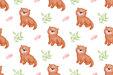 Cute otter pattern background, flower and fish, watercolor