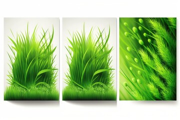 Isolated on white, 3 backgrounds of vibrant springtime green grass. Generative AI