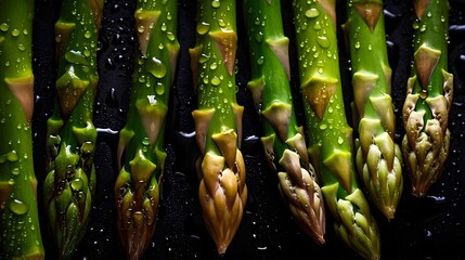 Fresh Asparagus seamless background, adorned with glistening droplets of water. Top down view. Food Advertising photography. Commercial photography. Ai generative