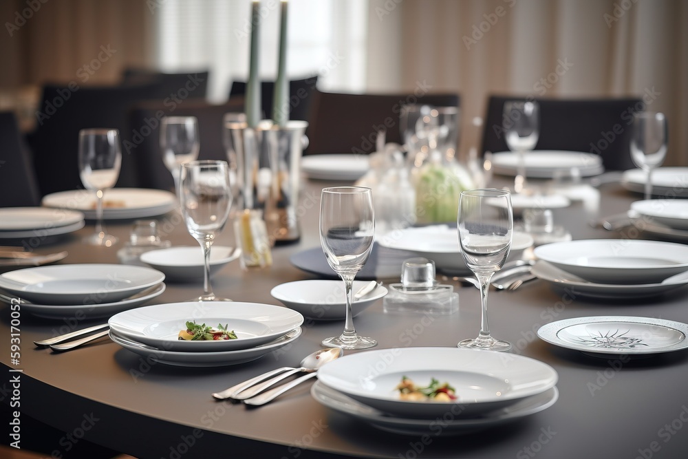 Poster a table set for a formal dinner with white plates and silverware. generative ai