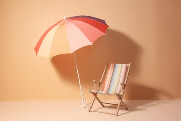  a beach chair with an umbrella on top of it in front of a wall.  generative ai