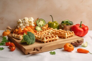  a wooden cutting board topped with waffles and vegetables.  generative ai