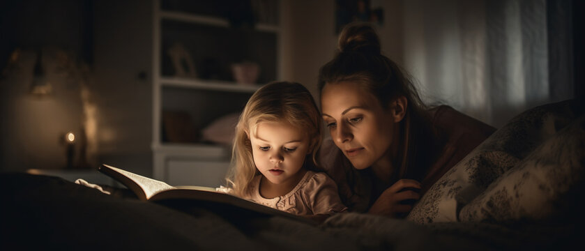 Image Generated AI. Mother and daugther reading a book, Generative AI