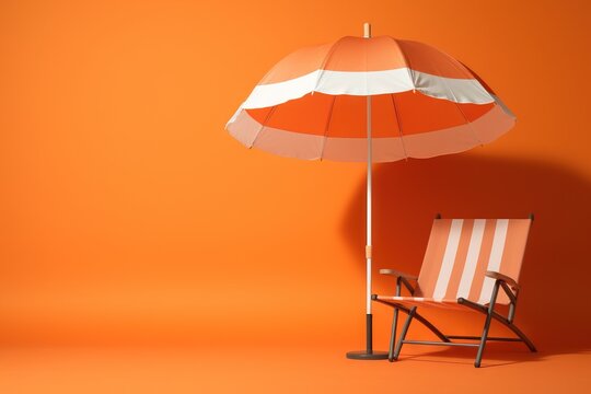  an orange and white beach chair under an orange and white umbrella.  generative ai