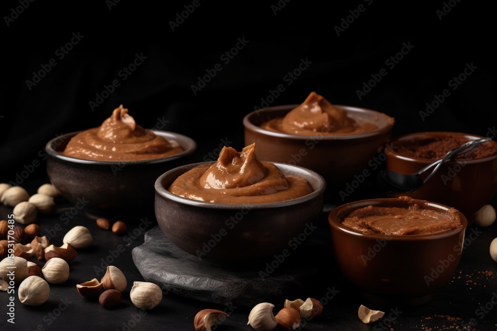 Aufkleber a table topped with bowls filled with peanut butter and nuts. generative ai