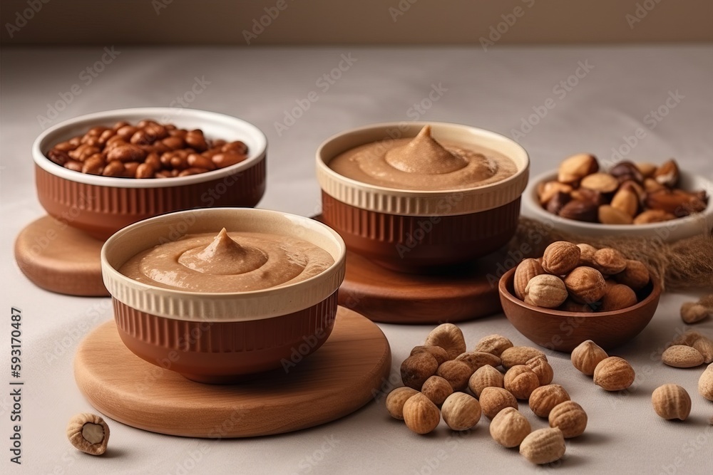 Poster a table topped with bowls filled with nuts and peanut butter. generative ai