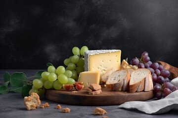  a cheese board with grapes, bread, and crackers.  generative ai