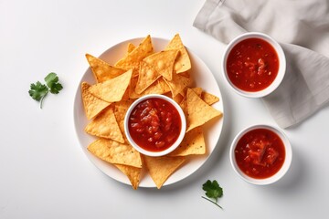  a white plate topped with chips and salsa next to a bowl of salsa.  generative ai - obrazy, fototapety, plakaty