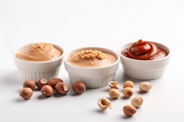  three bowls of peanut butter, nuts, and peanut butter.  generative ai