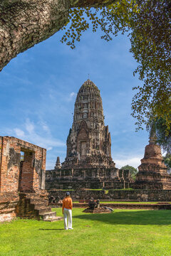 Tourist woman inside Bueng Phra Ram Park temple Ayutthaya