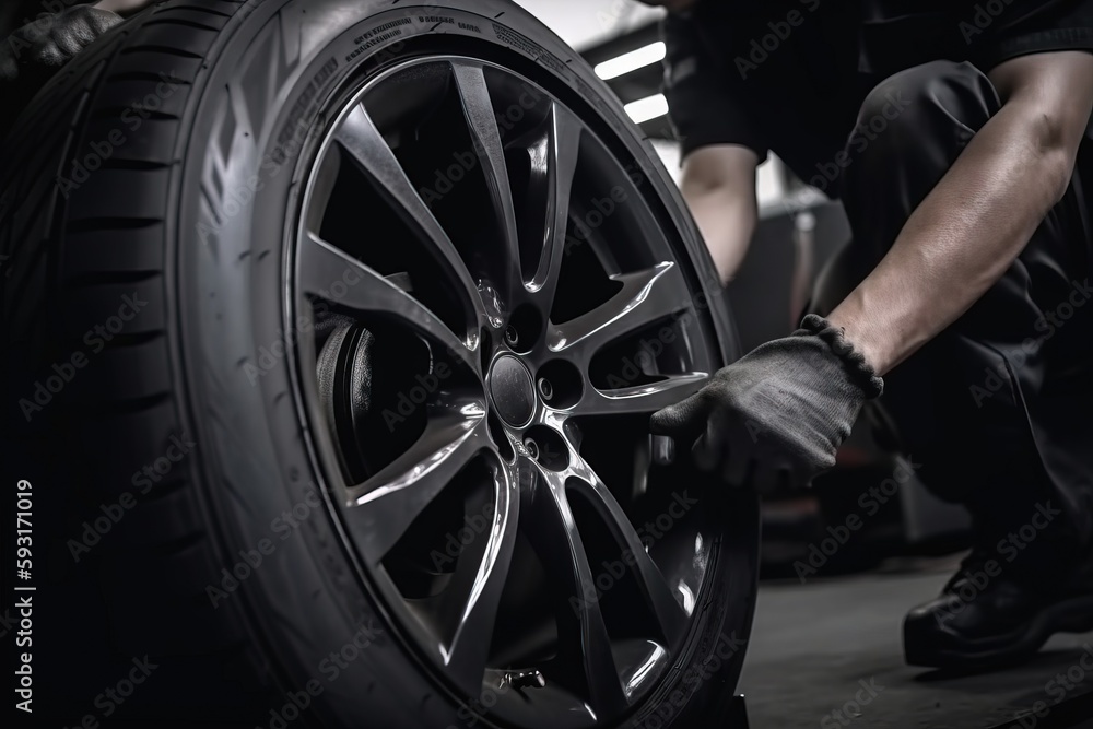 Poster a man is working on a tire in a garage with a wrench. generative ai