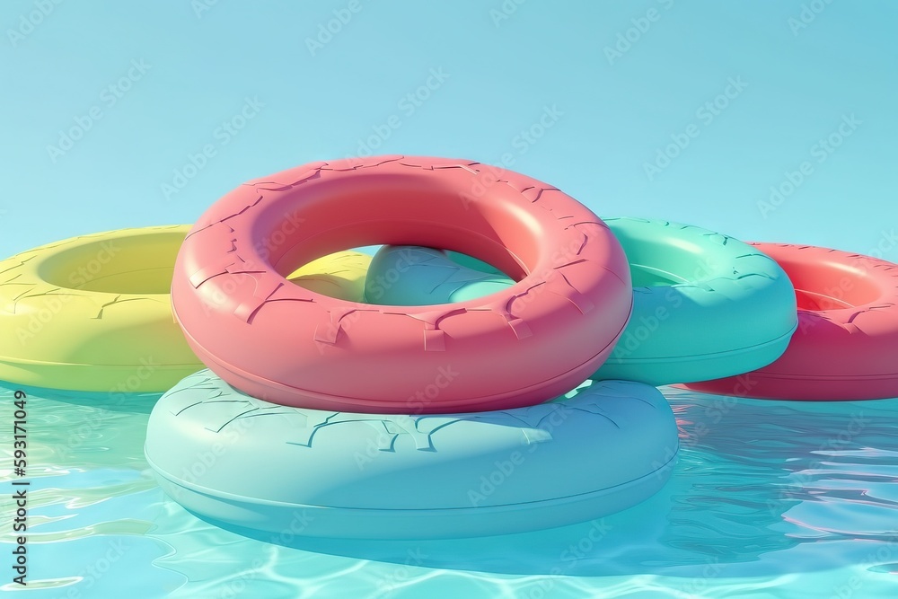 Aufkleber a group of inflatable floats floating in a pool. generative ai