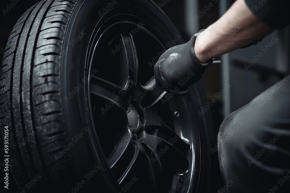 Poster a man working on a tire with a wrench and a wrench. generative ai