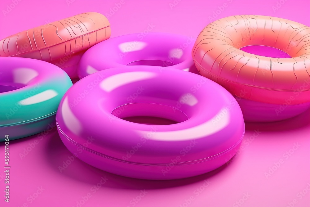 Poster a group of three inflatable donuts on a pink background. generative ai