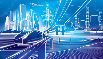 Outline city illustration. Neon glow town life image. Railroad bridge. Car overpass. Train rides. City Infrastructure and transport, urban scene. Vector design art. White lines on blue background