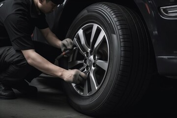  a man working on a car tire with a wrench.  generative ai