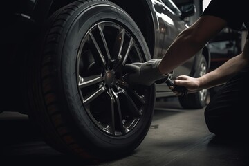 Fototapeta na wymiar a man working on a car tire with a wrench. generative ai