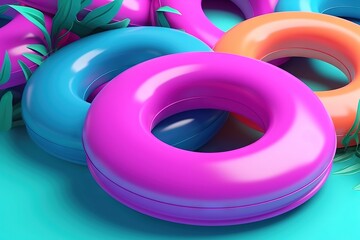  a bunch of colorful inflatable toys sitting on a blue surface.  generative ai