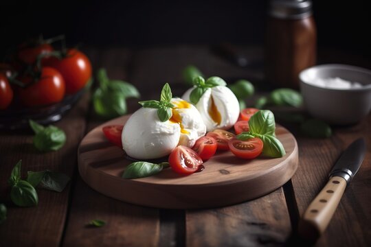  a wooden plate topped with sliced tomatoes and hard boiled eggs.  generative ai