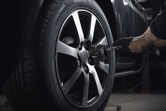  a man is working on a tire with a wrench.  generative ai