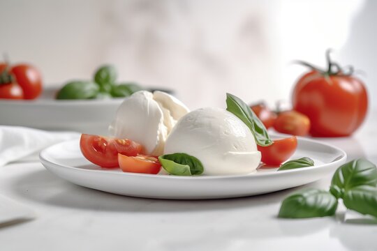  a white plate topped with mozzarella, tomatoes and basil.  generative ai
